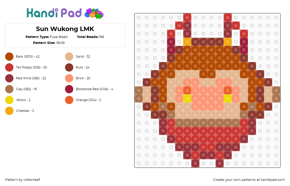 Sun Wukong LMK - Fuse Bead Pattern by rottenleef on Kandi Pad - sun wukong,lmk,lego monkie kid,head,tv show,character,orange,red,tan