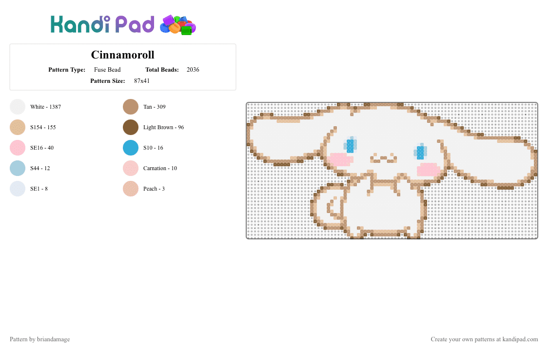 Cinnamoroll - Fuse Bead Pattern by briandamage on Kandi Pad - white,beige,sanrio,cinnamoroll,bunny,cute,kawaii,hello kitty,anime,japan