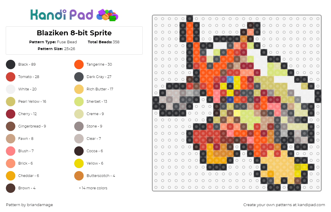 Blaziken 8-bit Sprite - Fuse Bead Pattern by briandamage on Kandi Pad - blaziken,pokemon,character,gaming,orange