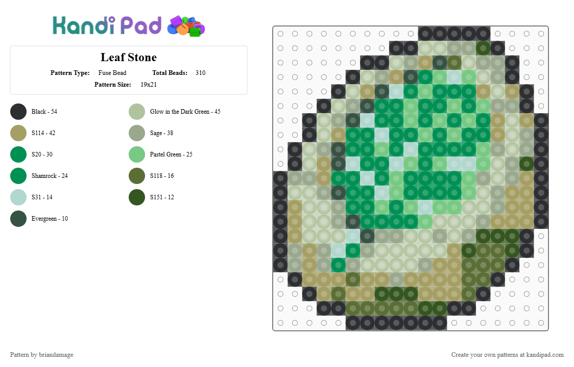 Leaf Stone - Fuse Bead Pattern by briandamage on Kandi Pad - beige,gray,gold,green,pokemon,leaf stone,nintendo,video game,evolution item,sprite,nature,rock
