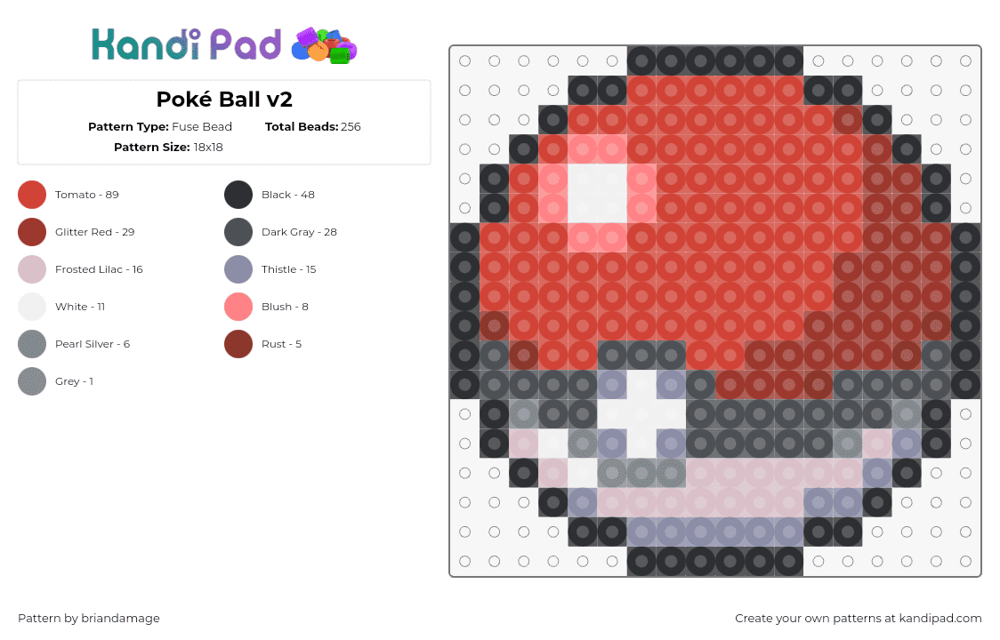 Poké Ball v2 - Fuse Bead Pattern by briandamage on Kandi Pad - pokeball,pokemon,gaming,red,gray