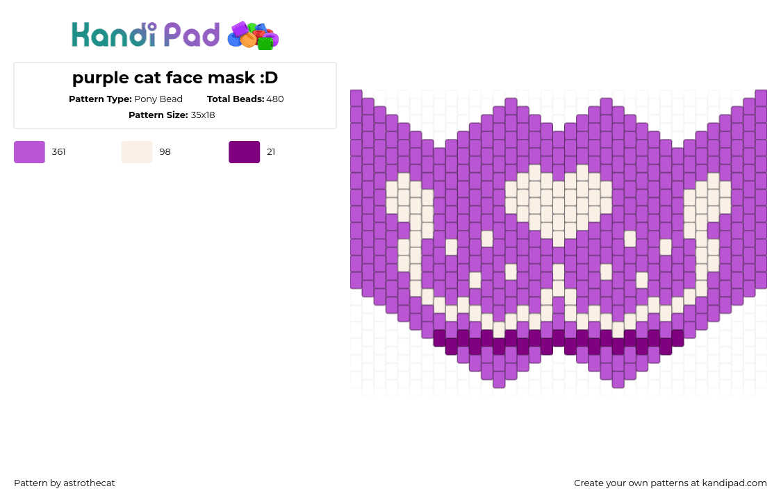 purple cat face mask :D - Pony Bead Pattern by astrothecat on Kandi Pad - fursona,furry,mouth,mask,cat,purple,white