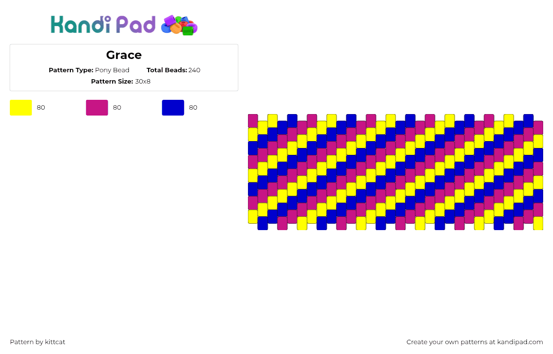 Grace - Pony Bead Pattern by kittcat on Kandi Pad - diagonal,stripes,cuff,blue,pink,yellow