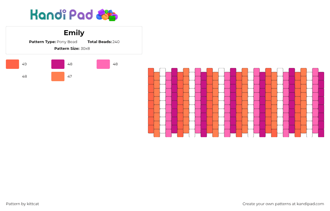 Emily - Pony Bead Pattern by kittcat on Kandi Pad - lesbian,pride,vertical,stripes,cuff,orange,pink