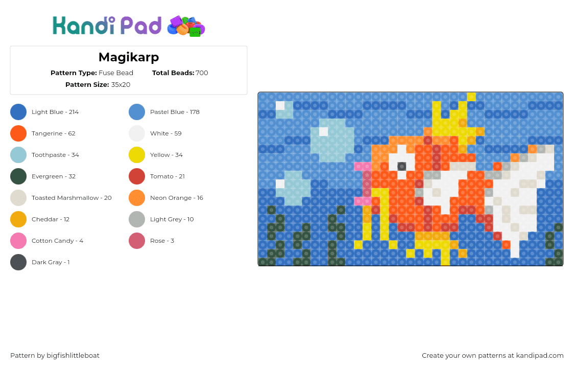 Magikarp - Fuse Bead Pattern by bigfishlittleboat on Kandi Pad - magikarp,pokemon,underwater,gaming,character,seascape,bubbles,panel,orange,blue