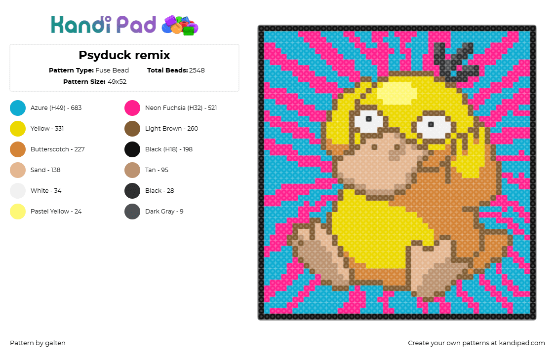 Psyduck remix - Fuse Bead Pattern by galten on Kandi Pad - psyduck,pokemon,psychedlic,trippy,panel,character,gaming,tapestry,yellow,blue,pink,tan