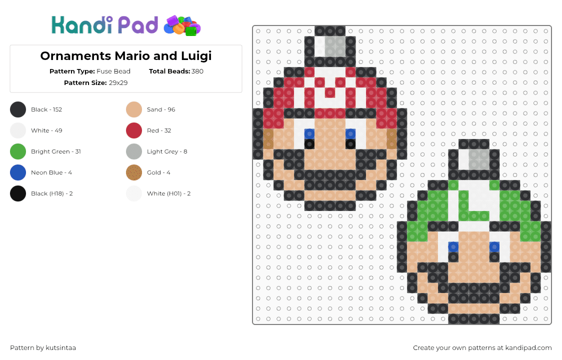 Ornaments Mario and Luigi - Fuse Bead Pattern by kutsintaa on Kandi Pad - mario,luigi,ornaments,nintendo,video game,tan,red,green