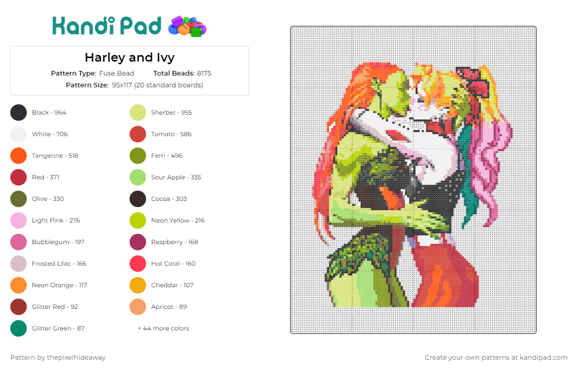 Harley and Ivy - Fuse Bead Pattern by thepixelhideaway on Kandi Pad - harley quinn,poison ivy,batman,love,dc comics,lesbian,characters,pride,nsfw,colorful,green,orange