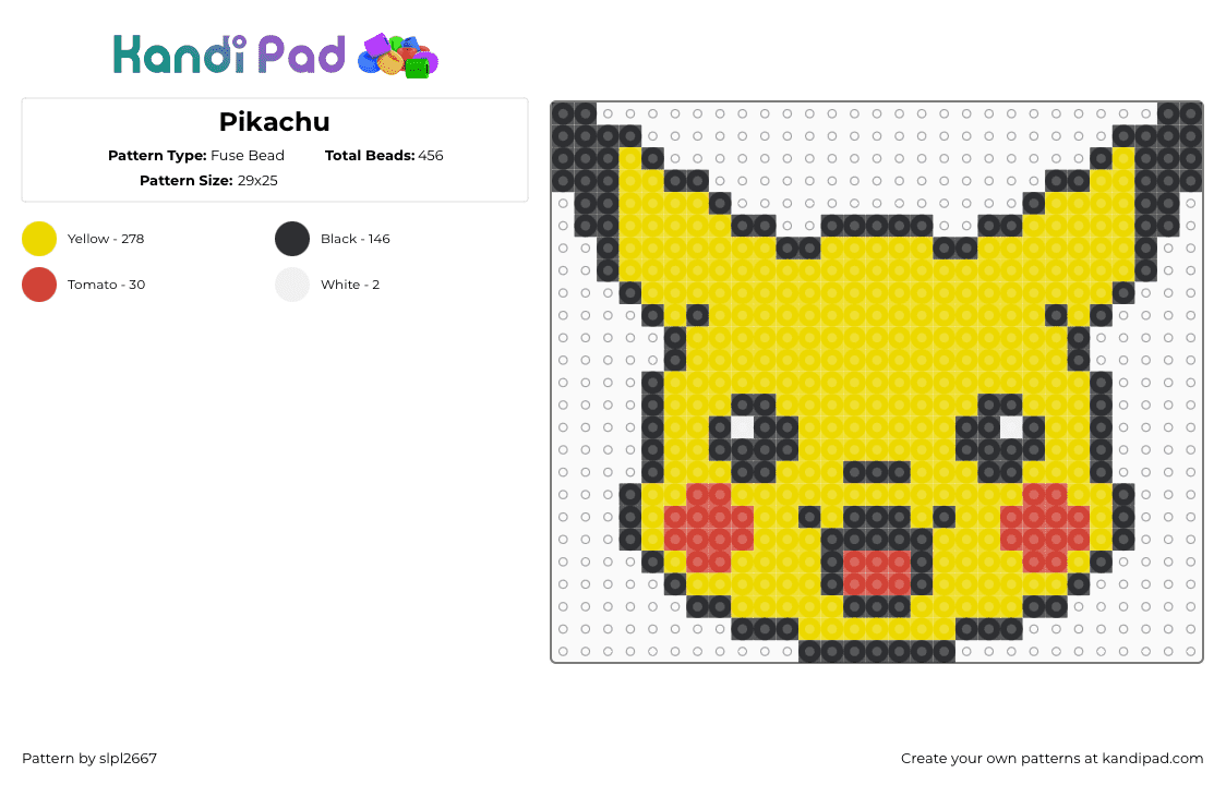 Pikachu - Fuse Bead Pattern by slpl2667 on Kandi Pad - pikachu,pokemon,starter,gaming,character,happy,cute,head,yellow,red