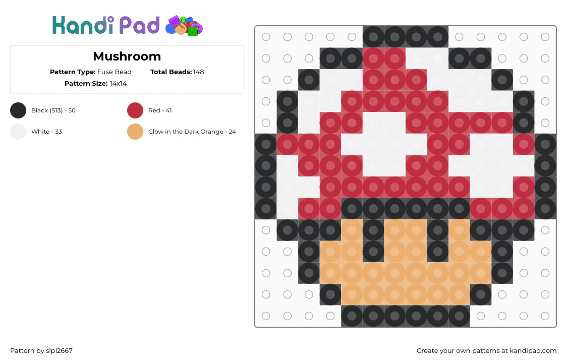 Mushroom - Fuse Bead Pattern by slpl2667 on Kandi Pad - mushroom,mario,nintendo,video game,red,tan