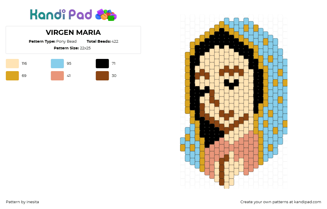 VIRGEN MARIA - Pony Bead Pattern by inesita on Kandi Pad - virgin mary,religion,portrait,charm,light blue,tan