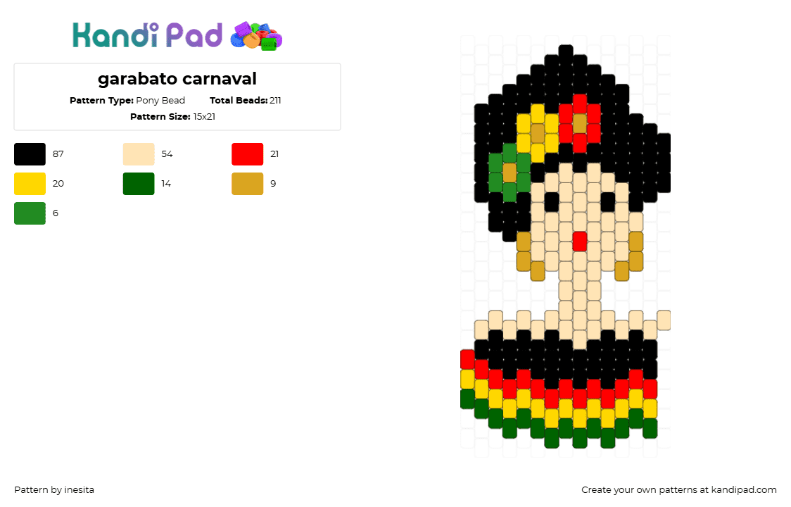 garabato carnaval - Pony Bead Pattern by inesita on Kandi Pad - garabato,carnaval,party,dance,woman,charm,black,tan,red,yellow,green