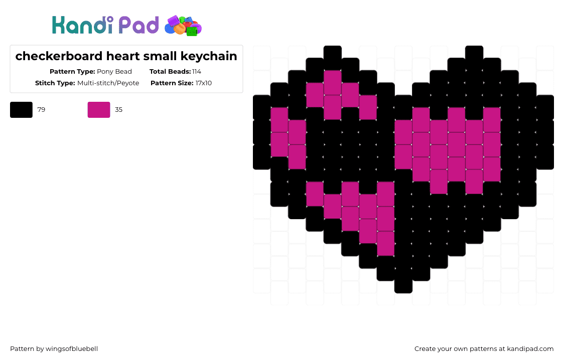 checkerboard heart small keychain - Pony Bead Pattern by wingsofbluebell on Kandi Pad - black,pink,keychain,bag chain,heart,checkerboard,scene,aesthetic,kandi