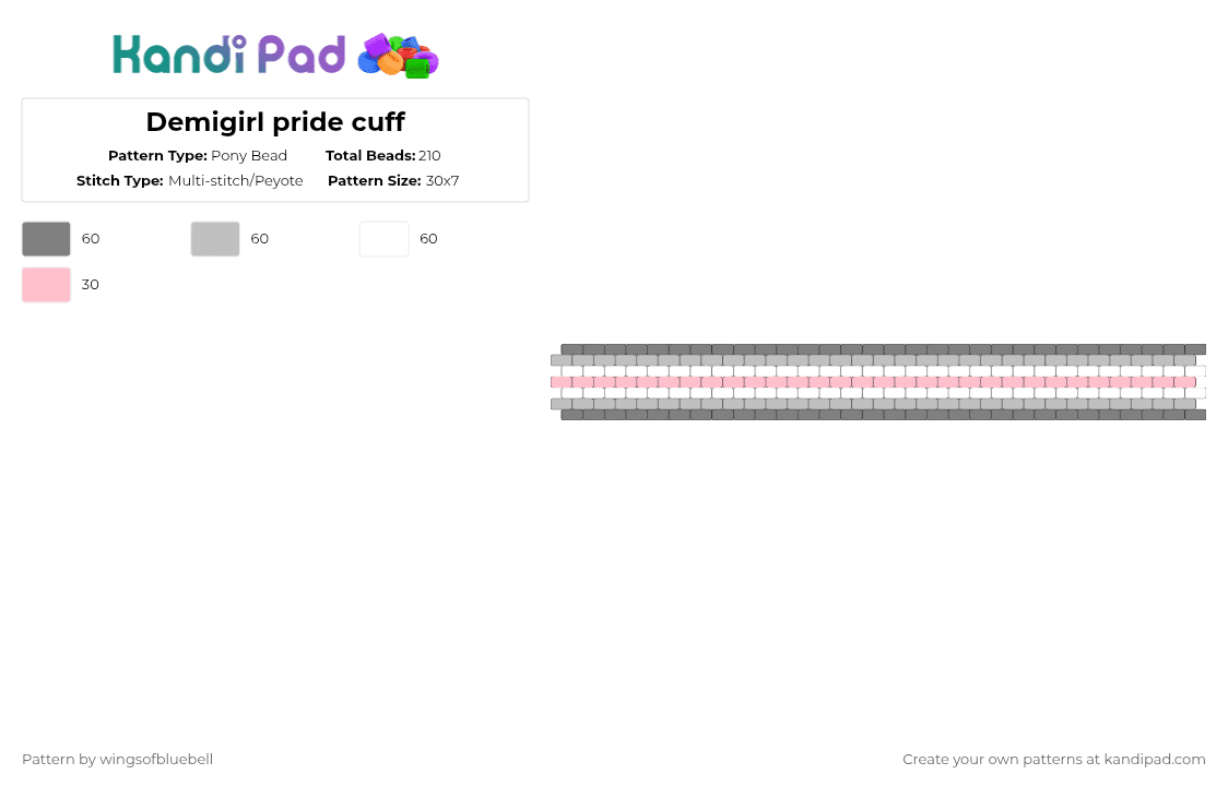 Demigirl pride cuff - Pony Bead Pattern by wingsofbluebell on Kandi Pad - gray,beige,demigirl,pride,pridemonth,demi,girl,pride flag,pride month,lgbtq
