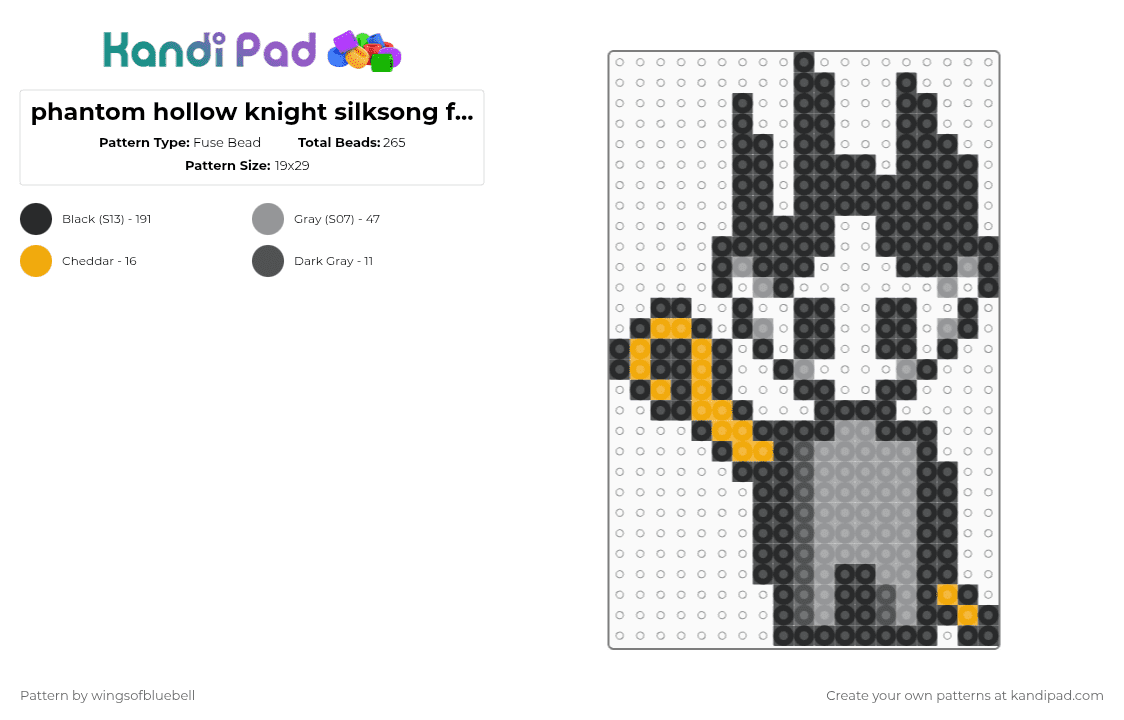 phantom hollow knight silksong fuse beads pattern - Fuse Bead Pattern by wingsofbluebell on Kandi Pad - black,gray