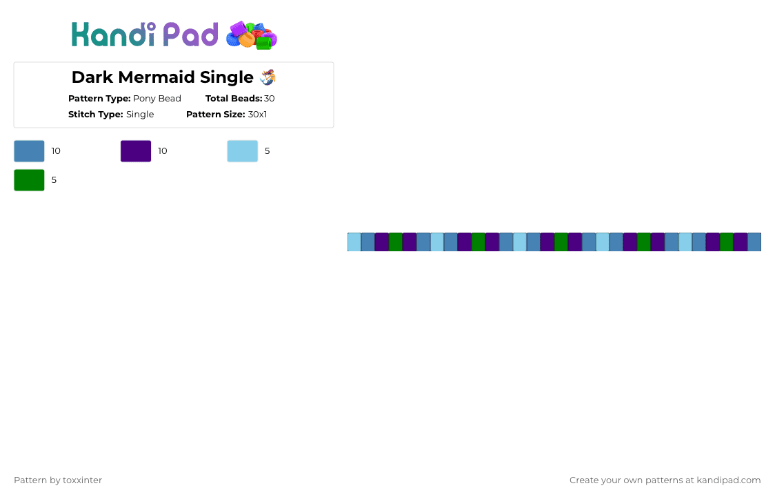 Dark Mermaid Single 🧜‍♀️ - Pony Bead Pattern by toxxinter on Kandi Pad - blue,purple,mermaid,ocean,kelp,singles,green,magical