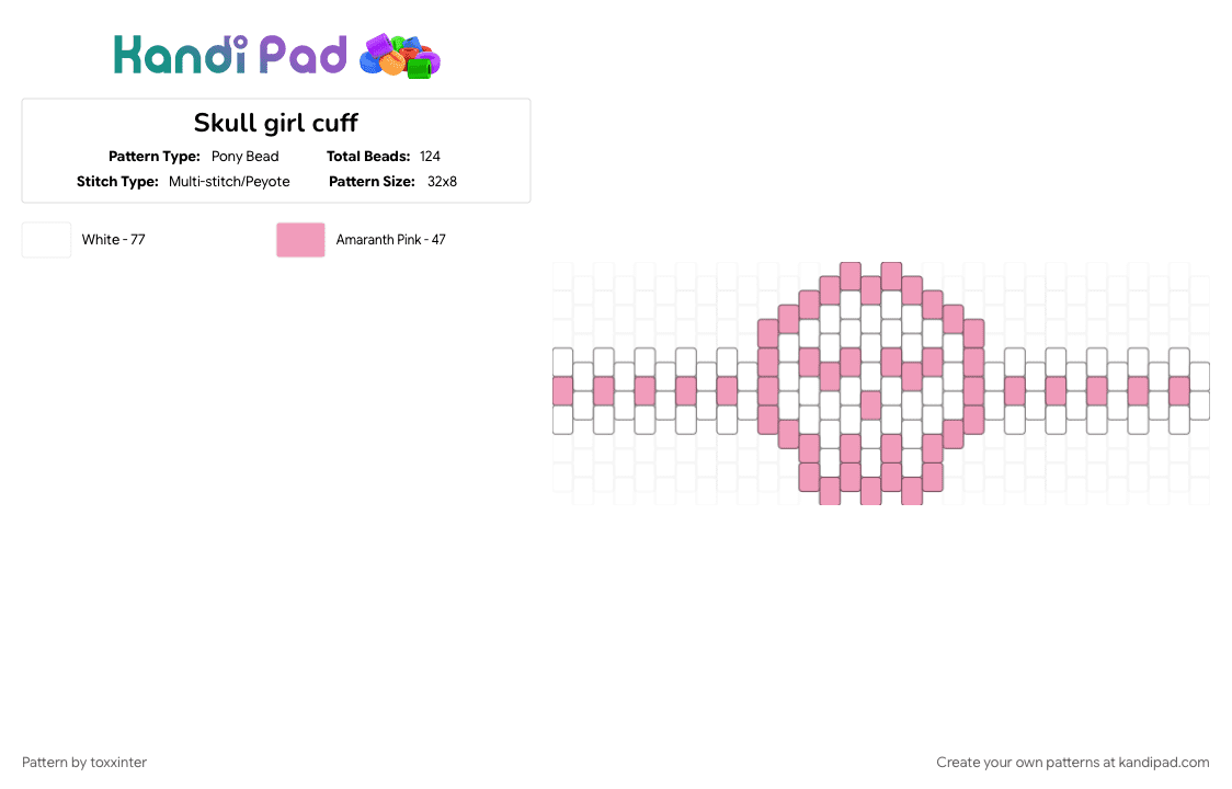 Skull girl cuff - Pony Bead Pattern by toxxinter on Kandi Pad - cuffs, cute, halloween, pastel goth, pink, skeleton, skull, spooky, white