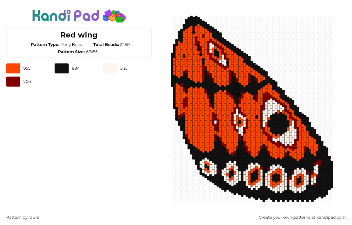 Red wing - Pony Bead Pattern by raunr on Kandi Pad - wing,moth,butterfly,eyes,orange,black