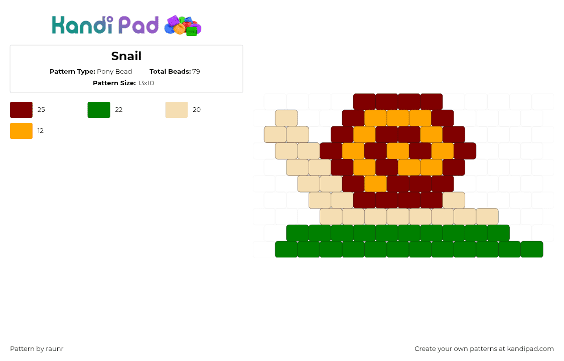 Snail - Pony Bead Pattern by raunr on Kandi Pad - snail,spiral,slug,shell,charm,tan,orange,green