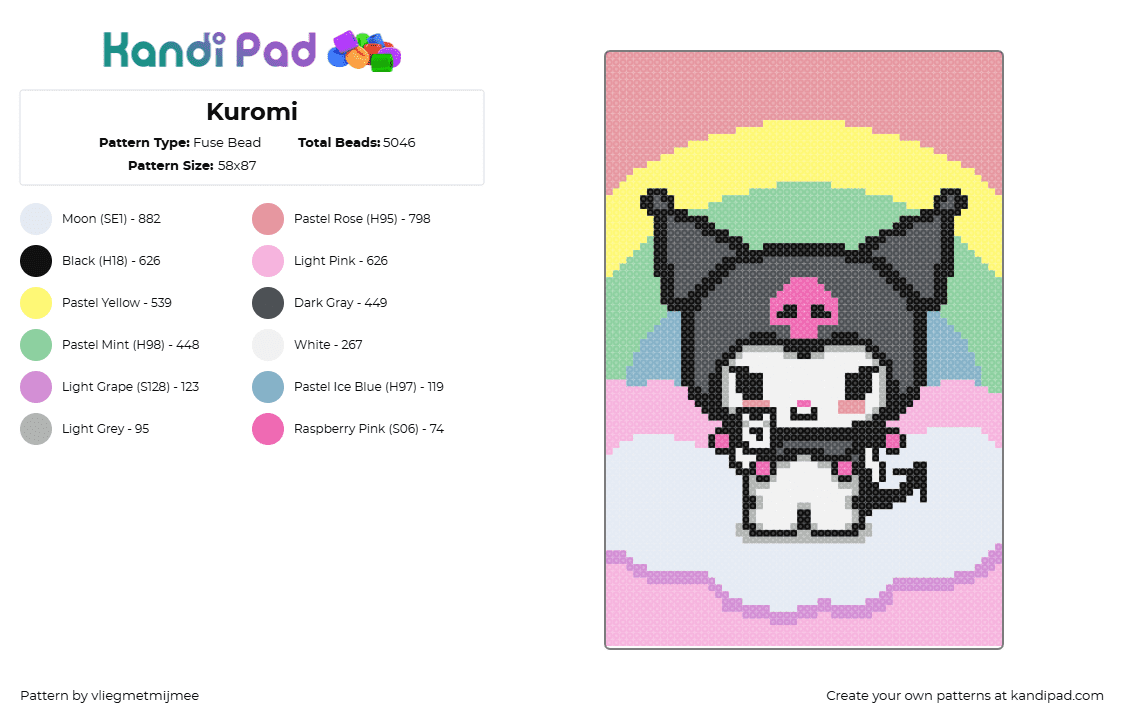 Kuromi - Fuse Bead Pattern by vliegmetmijmee on Kandi Pad - kuromi,sanrio,cloud,rainbow,pastel,colorful,panel,pink,white,black