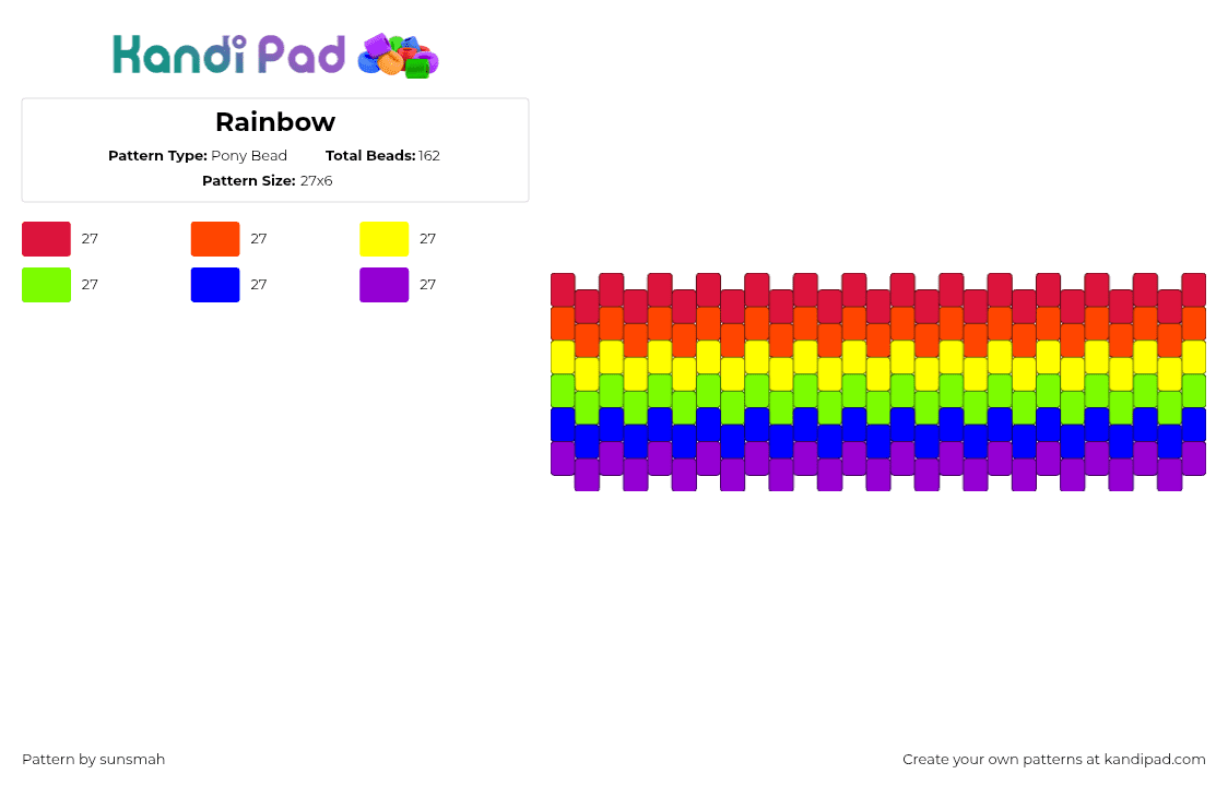 Rainbow - Pony Bead Pattern by sunsmah on Kandi Pad - rainbow,colorful,cuff