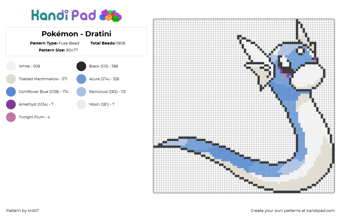 Pokémon - Dratini - Fuse Bead Pattern by krib17 on Kandi Pad - dratini,pokemon,character,gaming,light blue,white