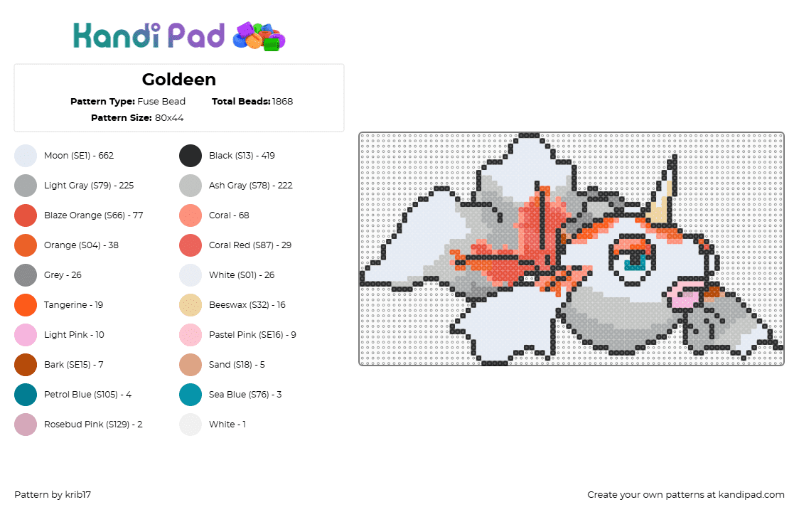 Pokémon - Goldeen - Fuse Bead Pattern by krib17 on Kandi Pad - goldeen,pokemon,fish,gaming,character,gray,white