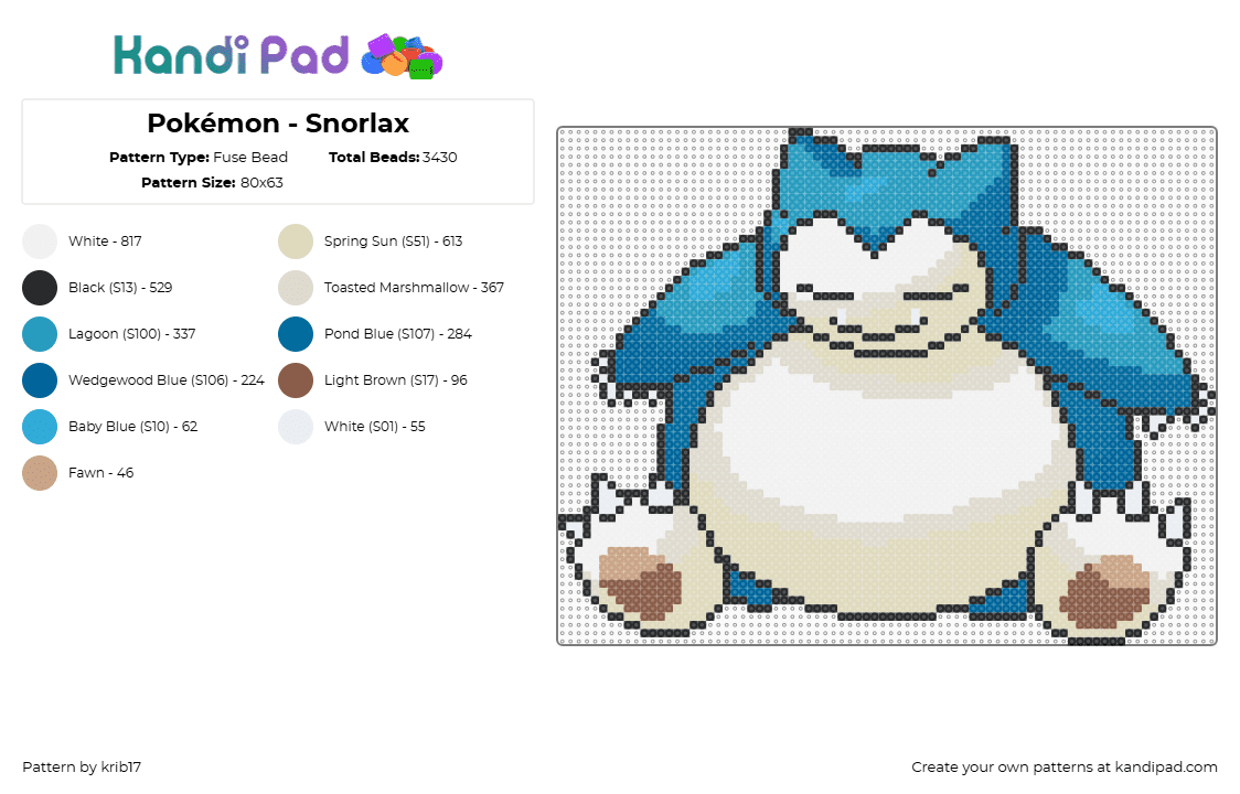 Pokémon - Snorlax - Fuse Bead Pattern by krib17 on Kandi Pad - snorlax,pokemon,gaming,character,white,beige,blue