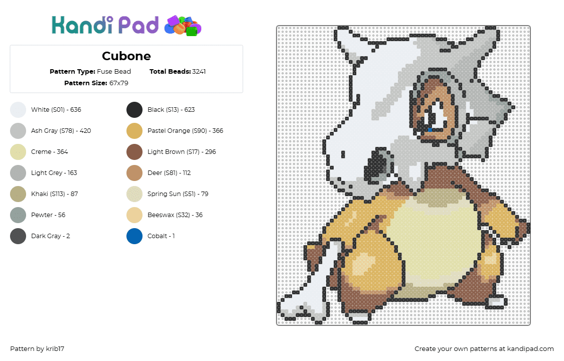 Pokémon - Cubone - Fuse Bead Pattern by krib17 on Kandi Pad - cubone,pokemon,gaming,character,tan,white