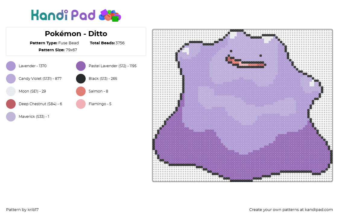 Pokémon - Ditto - Fuse Bead Pattern by krib17 on Kandi Pad - ditto,pokemon,blob,character,gaming,purple