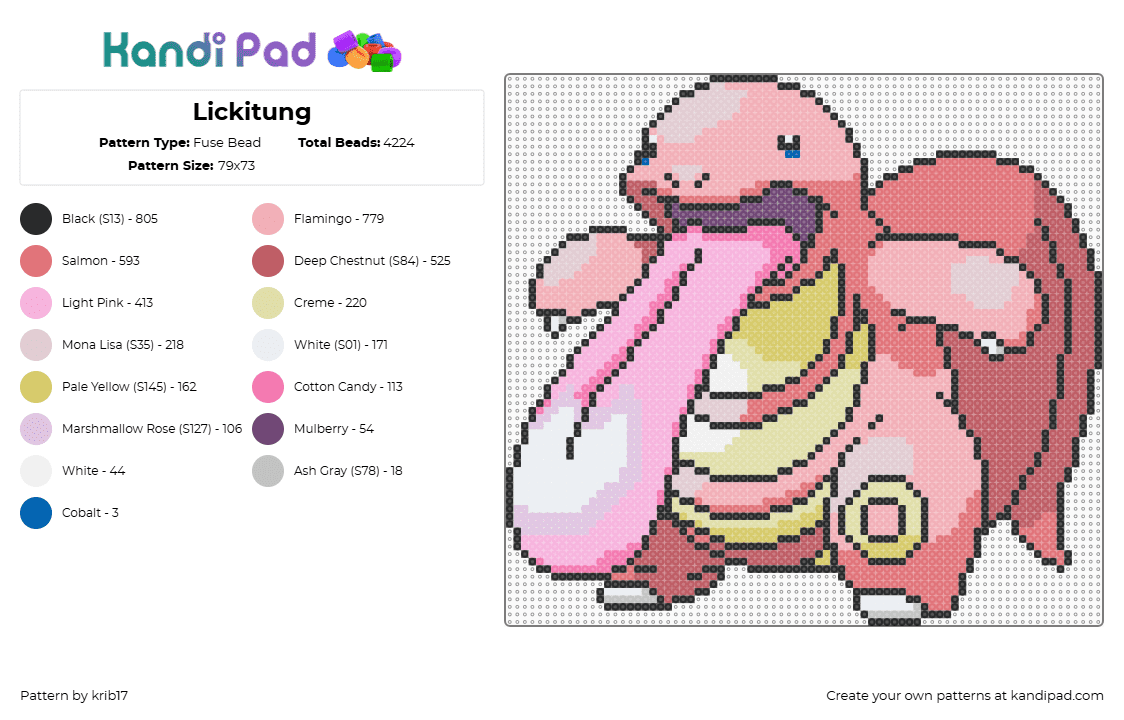 Pokémon - Lickitung - Fuse Bead Pattern by krib17 on Kandi Pad - lickitung,pokemon,tongue,gaming,character,pink,yellow