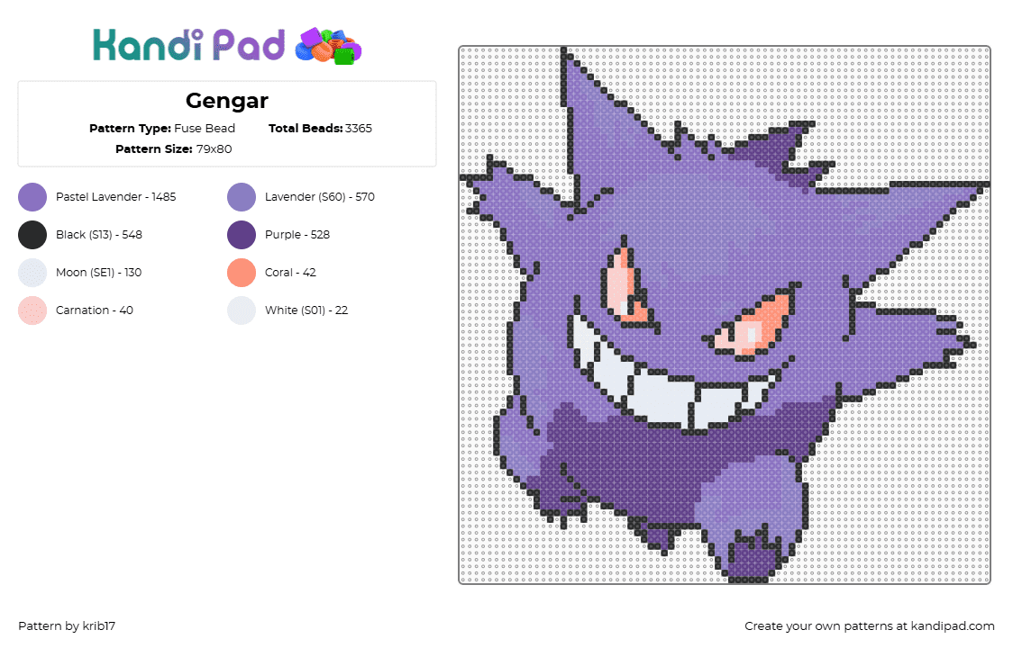 Pokémon - Gengar - Fuse Bead Pattern by krib17 on Kandi Pad - gengar,pokemon,haunter,evolution,character,gaming,purple