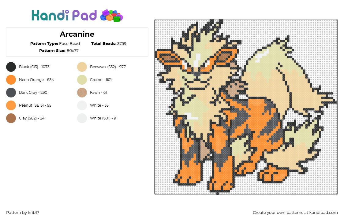 Pokémon - Arcanine - Fuse Bead Pattern by krib17 on Kandi Pad - arcanine,pokemon,growlithe,evolution,character,gaming,orange,beige