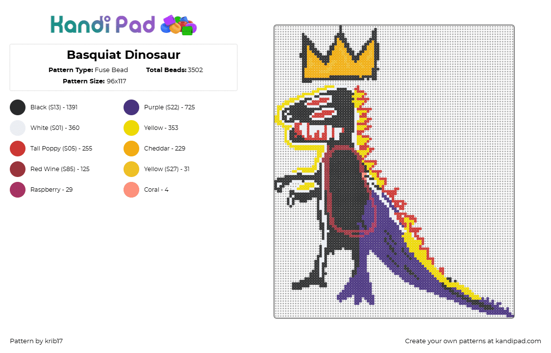 Basquiat Dinosaur - Fuse Bead Pattern by krib17 on Kandi Pad - dinosaur,jean michel basquiat,art,crown,painting,yellow,black,purple