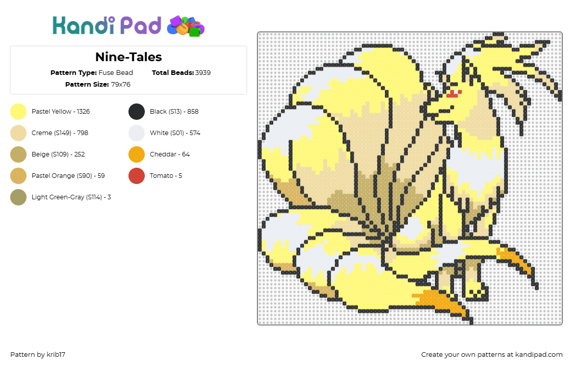 Pokémon - Nine-Tales - Fuse Bead Pattern by krib17 on Kandi Pad - ninetails,pokemon,vulpix,character,gaming,yellow