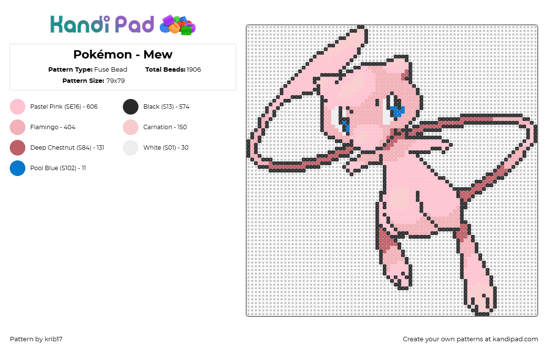 Pokémon - Mew - Fuse Bead Pattern by krib17 on Kandi Pad - mew,pokemon,gaming,character,cute,pink