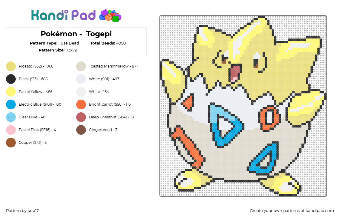 Pokémon -  Togepi - Fuse Bead Pattern by krib17 on Kandi Pad - togepi,pokemon,gaming,character,shell,white,yellow