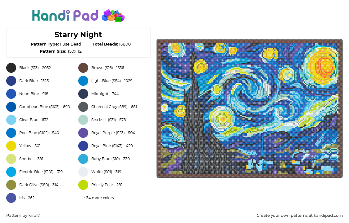 Starry Night - Fuse Bead Pattern by krib17 on Kandi Pad - starry night,van gogh,painting,art,classic,tapestry,panel,blue,black,yellow