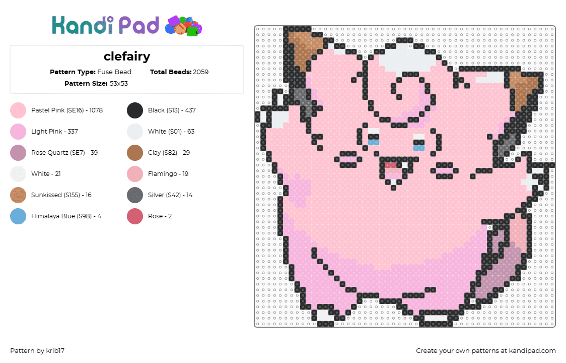 Pokémon - Clefairy - Fuse Bead Pattern by krib17 on Kandi Pad - clefairy,pokemon,gaming,character,pink