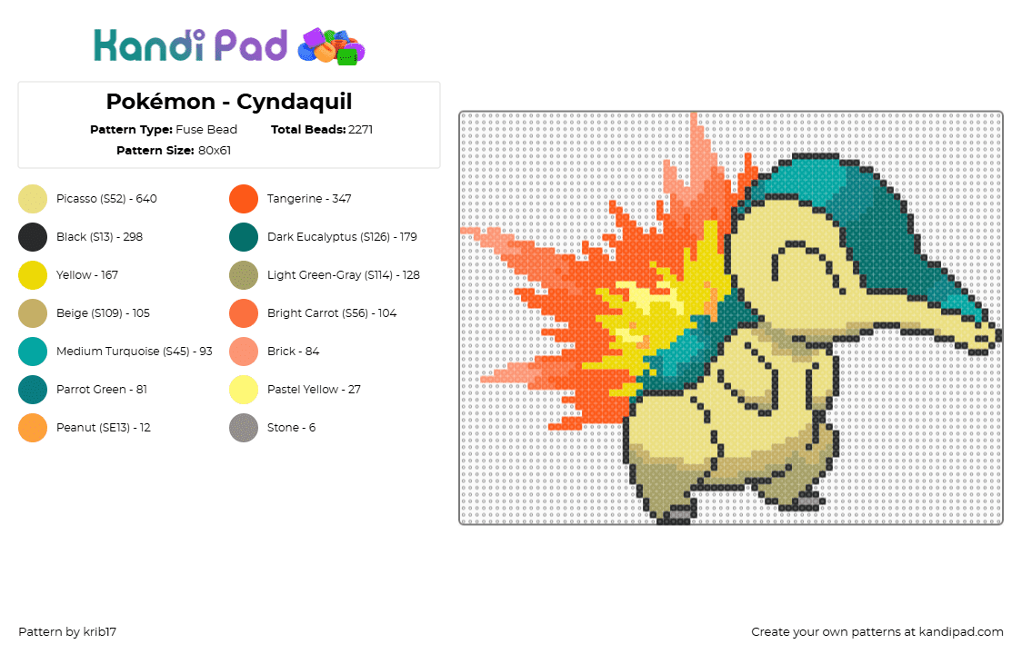 Pokémon - Cyndaquil - Fuse Bead Pattern by krib17 on Kandi Pad - cyndaquil,pokemong,fiery,gaming,character,orange,yellow,teal