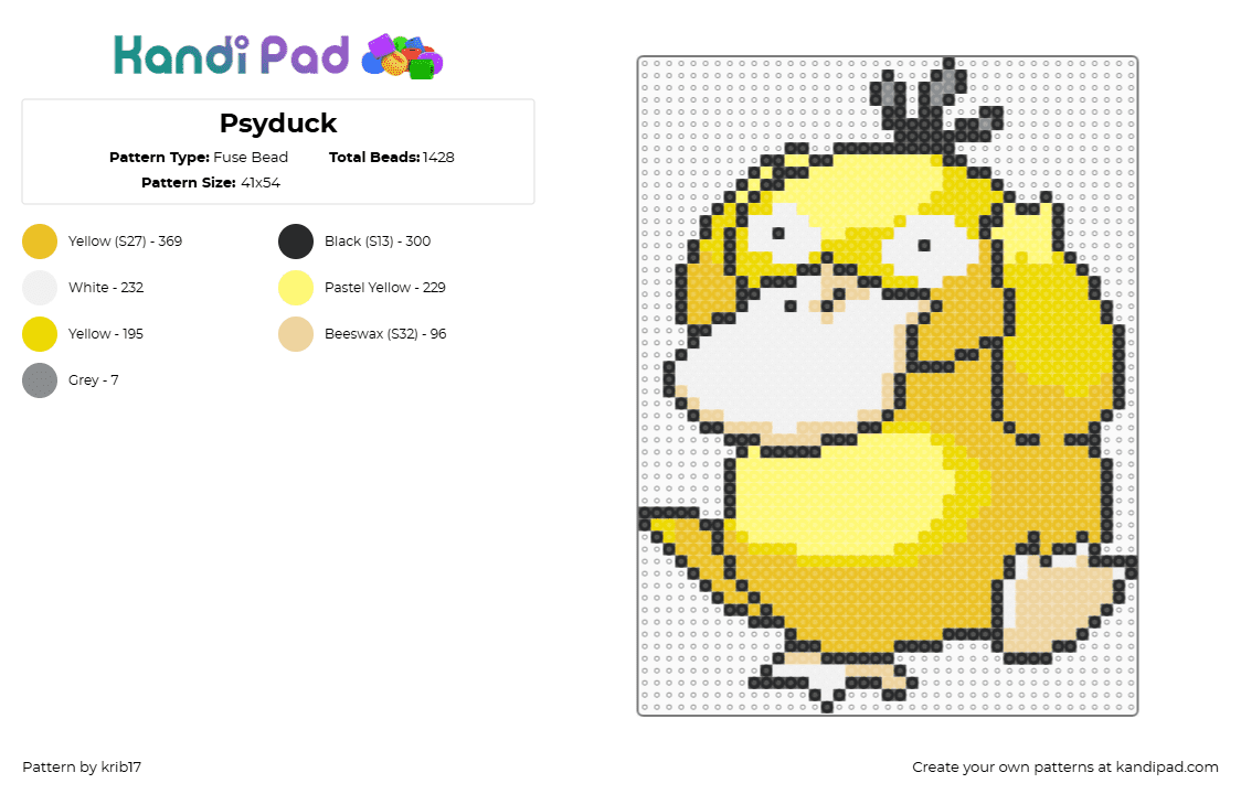 Pokémon - Psyduck - Fuse Bead Pattern by krib17 on Kandi Pad - psyduck,pokemon,gaming,character,yellow