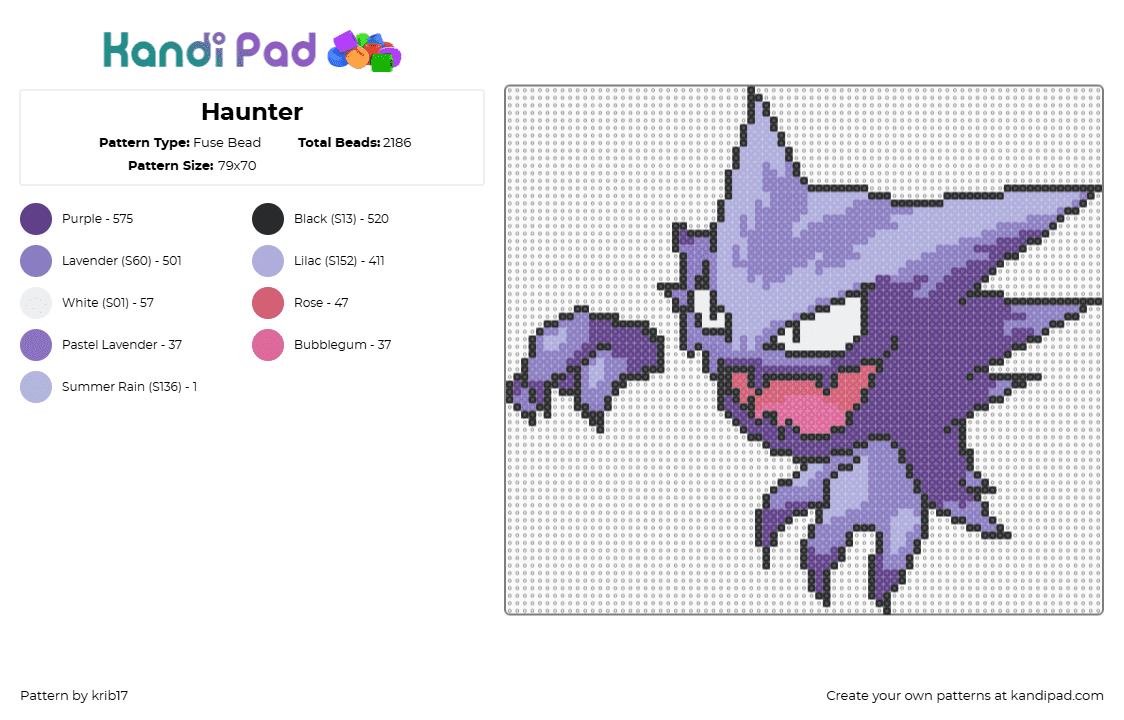 Pokémon - Haunter - Fuse Bead Pattern by krib17 on Kandi Pad - haunter,pokemon,gastly,evolution,character,gaming,purple