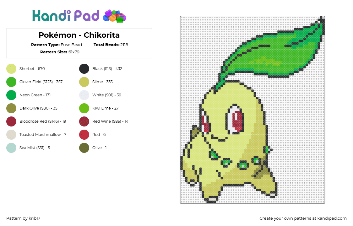 Pokémon - Chikorita - Fuse Bead Pattern by krib17 on Kandi Pad - chikorita,pkemon,gaming,character,leaf,green