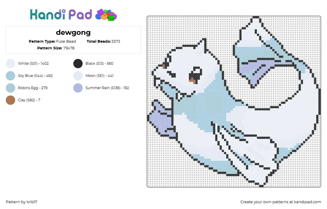 Pokémon - Dewgong - Fuse Bead Pattern by krib17 on Kandi Pad - dewgong,pokemon,seal,gaming,character,white,light blue