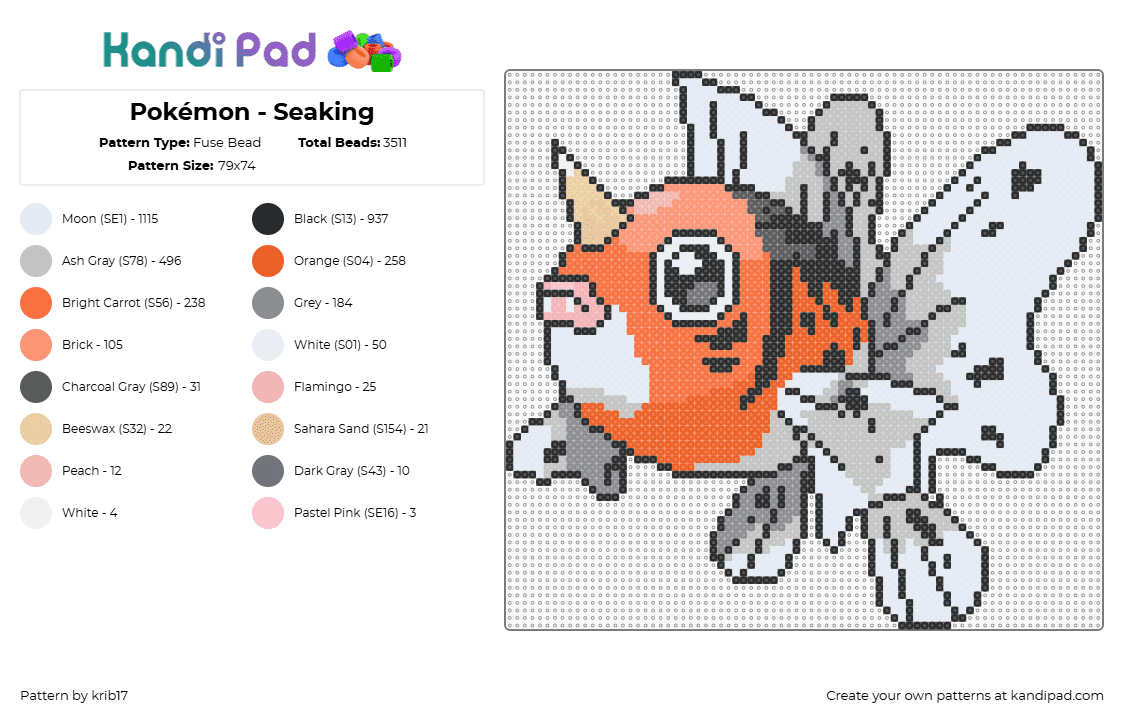 Pokémon - Seaking - Fuse Bead Pattern by krib17 on Kandi Pad - seaking,pokemon,goldeen,fish,evolution,gaming,character,orange,white,gray