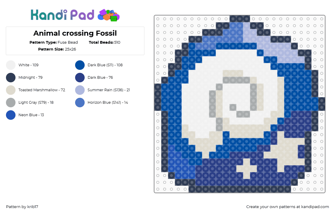 Animal crossing Fossil - Fuse Bead Pattern by krib17 on Kandi Pad - fossil,animal crossing,shell,video game,charm,white,blue