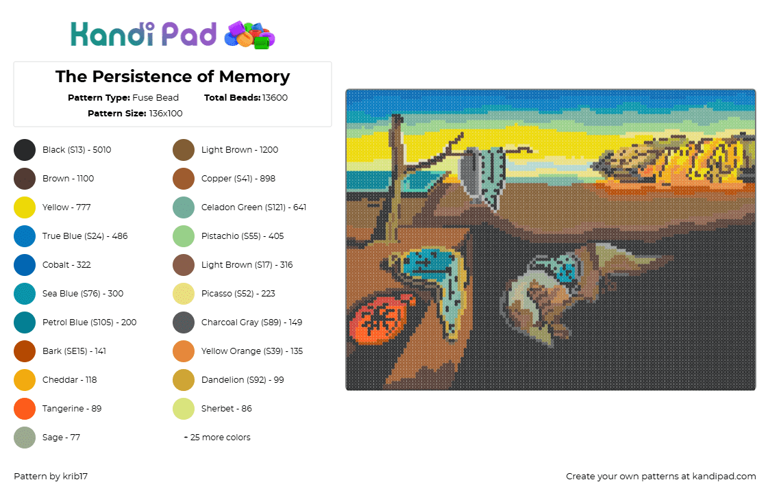 The Persistence of Memory - Fuse Bead Pattern by krib17 on Kandi Pad - persistence of memory,salvador dali,painting,art,classic,clocks,melting,panel,brown,yellow