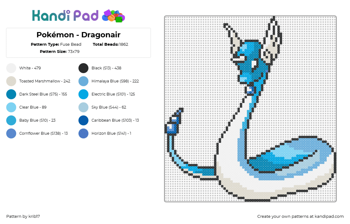 Pokémon - Dragonair - Fuse Bead Pattern by krib17 on Kandi Pad - dragonair,pokemon,dratini,evolution,gaming,character,light blue,white