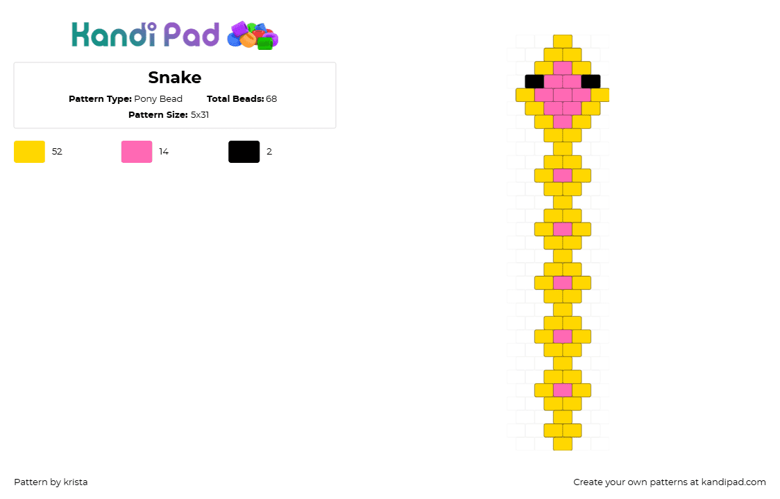 Snake - Pony Bead Pattern by krista on Kandi Pad - snake,reptile,animal,chain,charm,yellow,pink