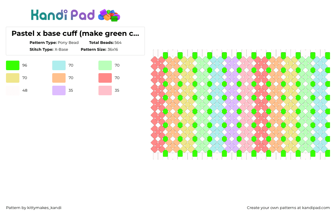 Pastel x base cuff (make green clear beads) - Pony Bead Pattern by kittymakes_kandi on Kandi Pad - green,yellow,red,colorful,pastek,pastel,kittymakeskandi